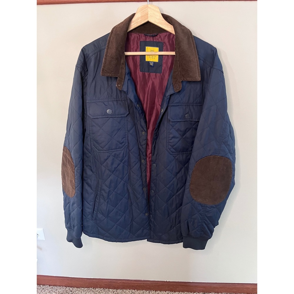 Prince & Fox Mens Quilted Barn Jacket Navy Blue Corduroy Trim Elbow Patch XL